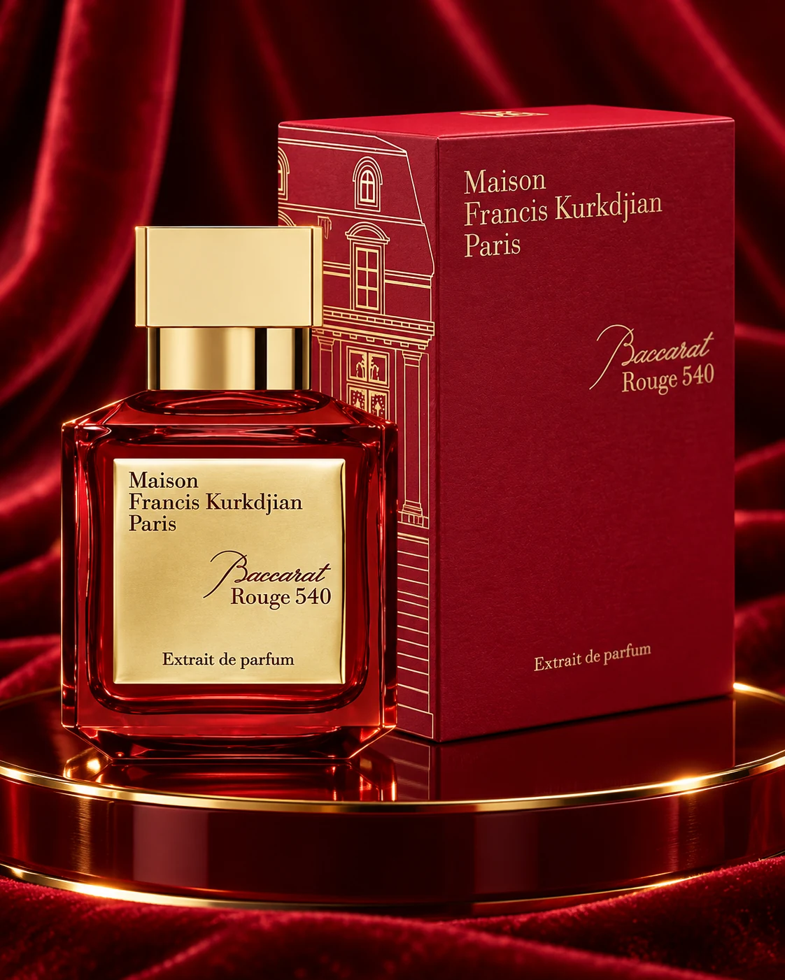 Styled editorial image of Maison Francis Kurkdjian Baccarat Rouge 540 Extrait de Parfum bottle and box