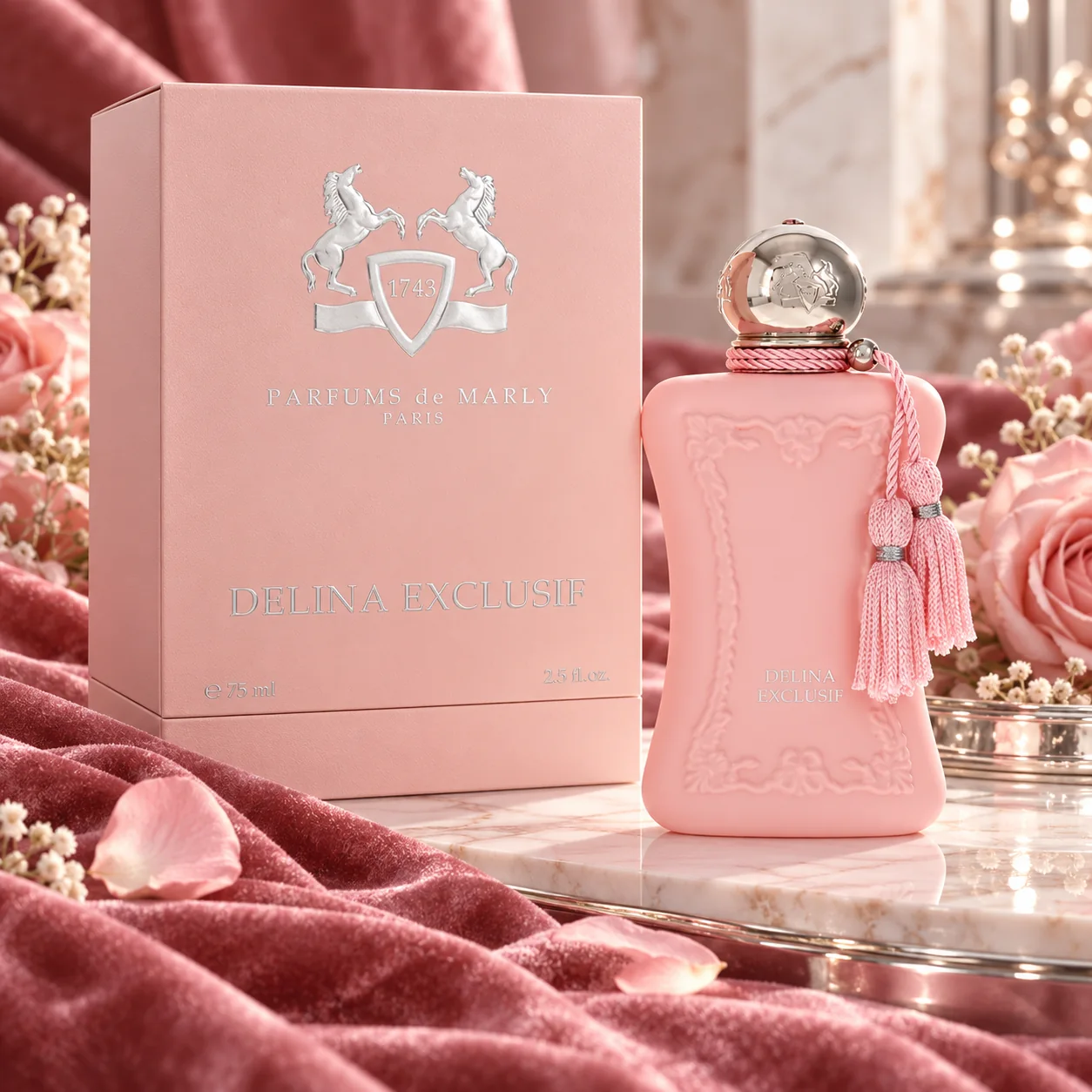 Styled editorial image of Parfums de Marly Delina Exclusif Parfum bottle and box