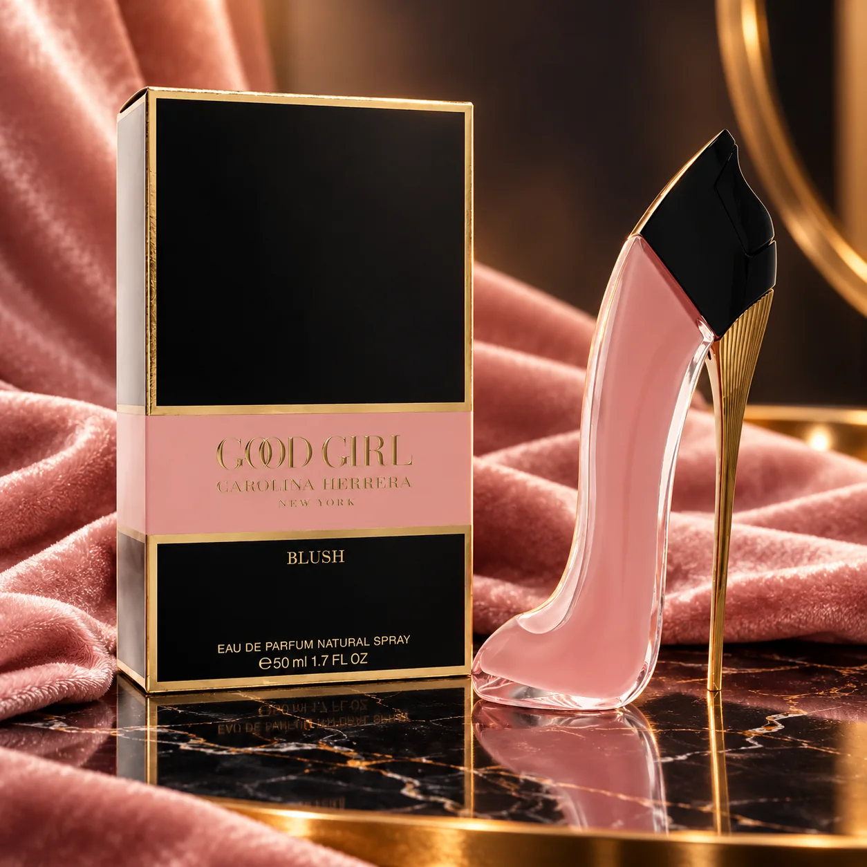 Styled editorial image of Carolina Herrera Good Girl Blush Eau de Parfum bottle and box