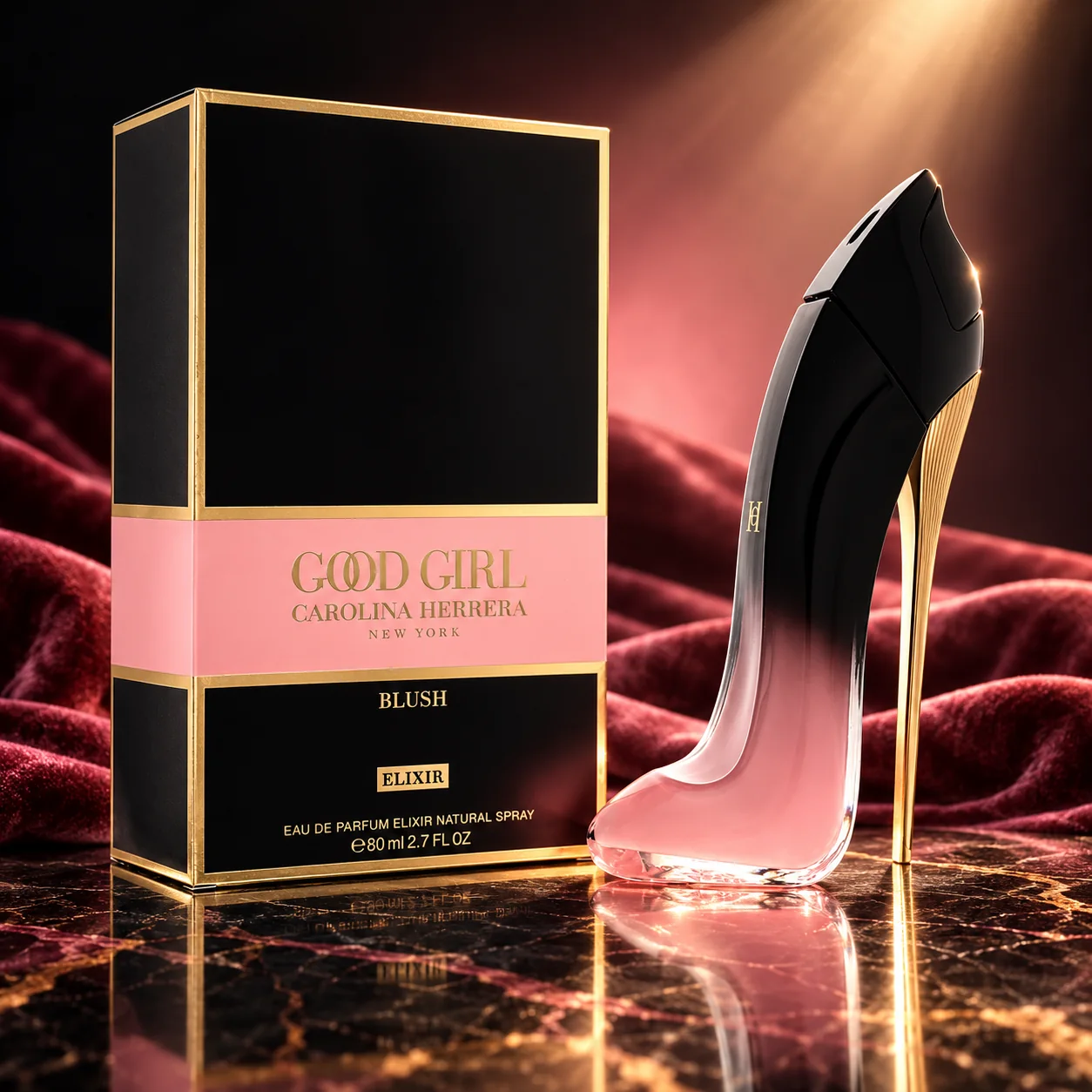 Styled editorial image of Carolina Herrera Good Girl Blush Elixir Eau de Parfum Elixir bottle and box