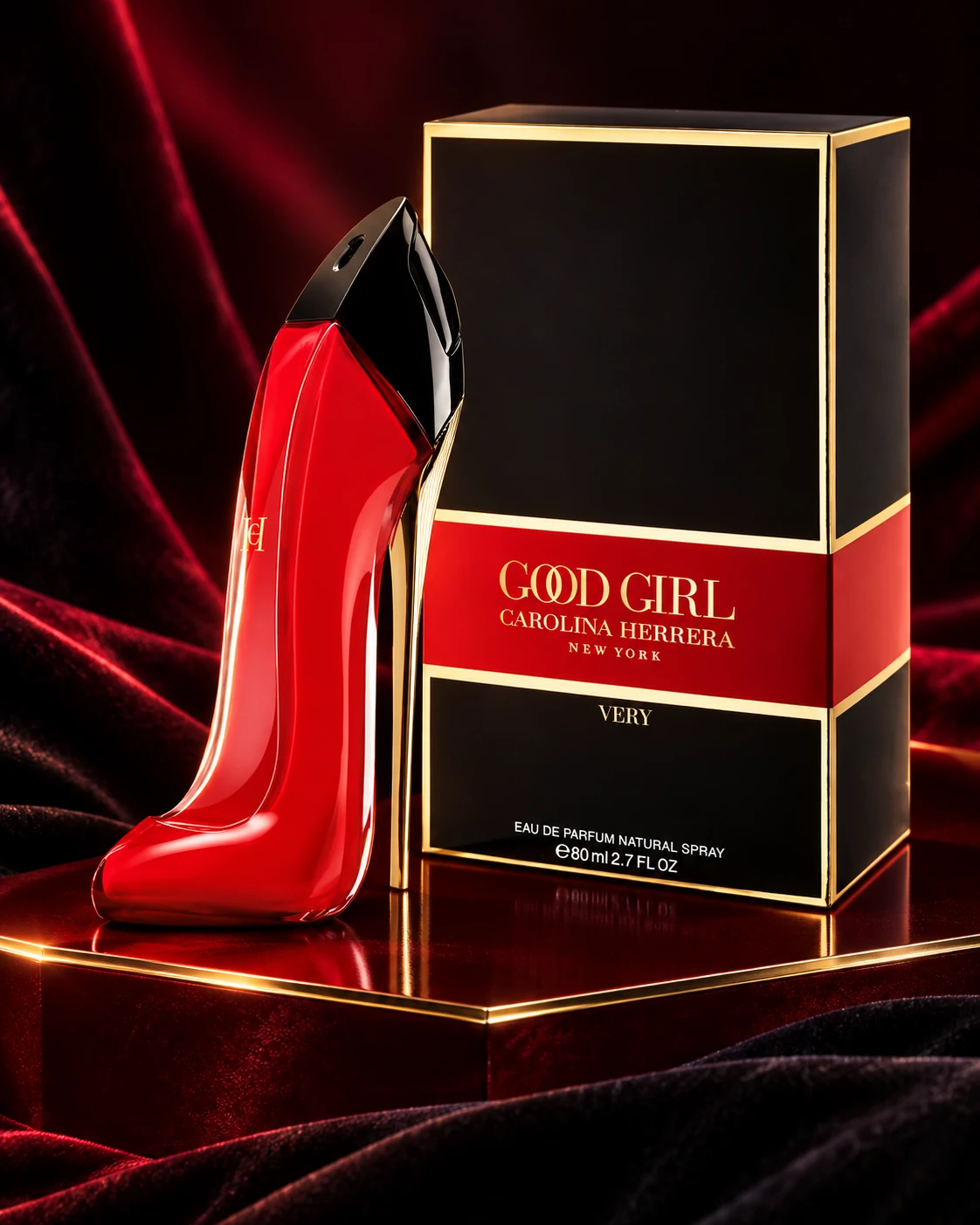 Styled editorial image of Carolina Herrera Very Good Girl Eau de Parfum bottle and box